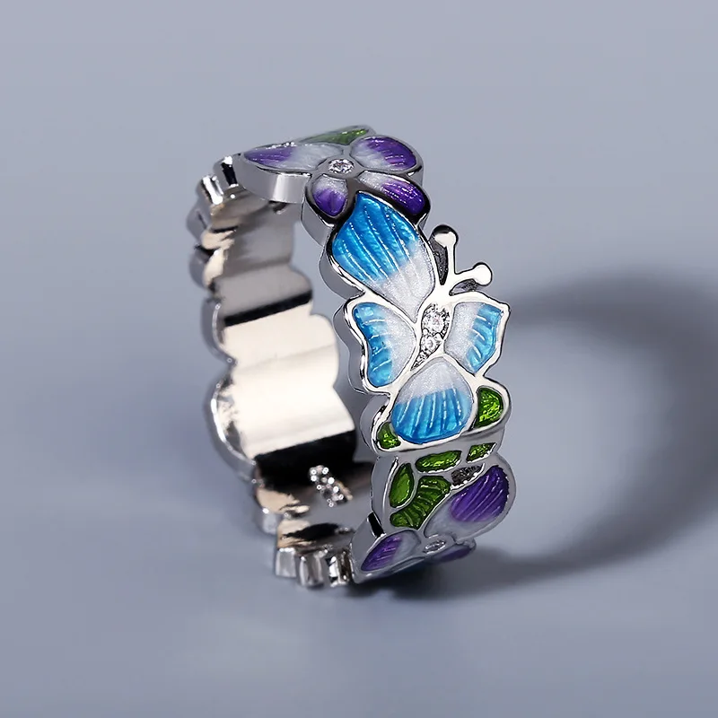 Luxury 925 Silver Handmade Enamel Blue Dripping Oil Butterfly Flower Ring  Exquisite Jewelry Party For Ladies