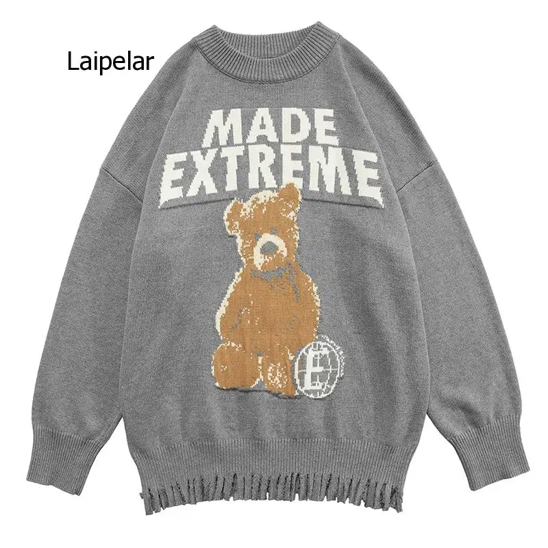 Pull à col rond pour homme, vêtement de rue, couleur unie, motif ours, collection automne