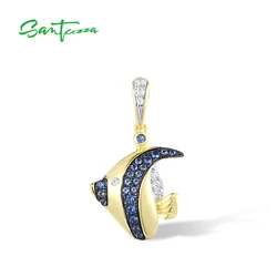 SANTUZZA Pure 925 Sterling Silver Pendant for Women Sparkling Blue White Cubic Zirconia Fish Pendant Delicate Cute Fine Jewelry