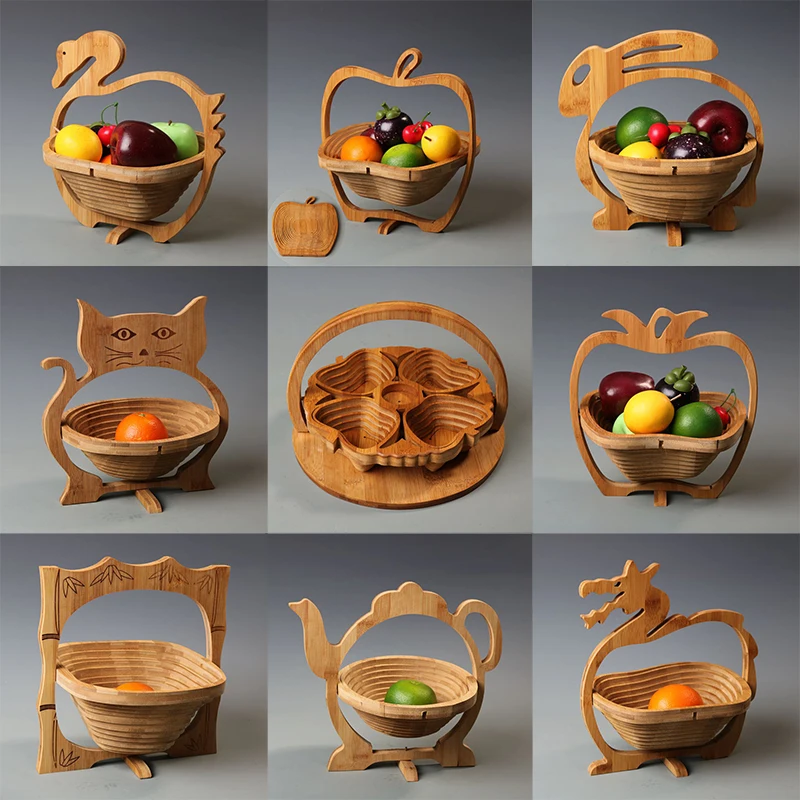 New Bamboo Dried Fruit Plate Folding Fruit Basket Fashion Creative  Basket Fruit Tray Wood Products Craft Home Decorations