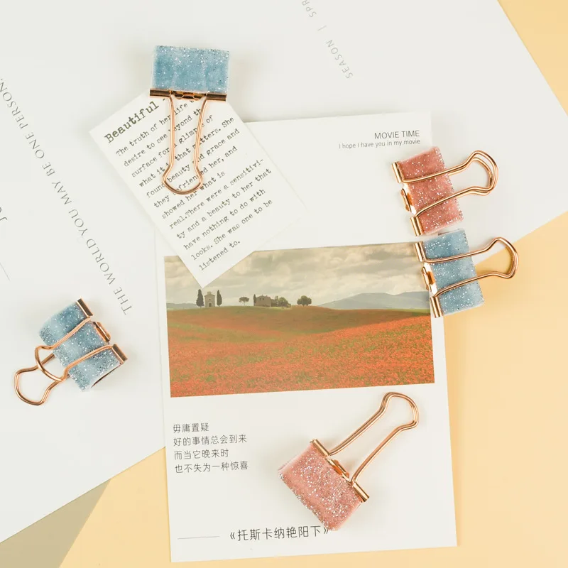 6pcs/lot cute kawaii sequins metal office school velvet  binder clip set pink light blue student paper document organizer clip