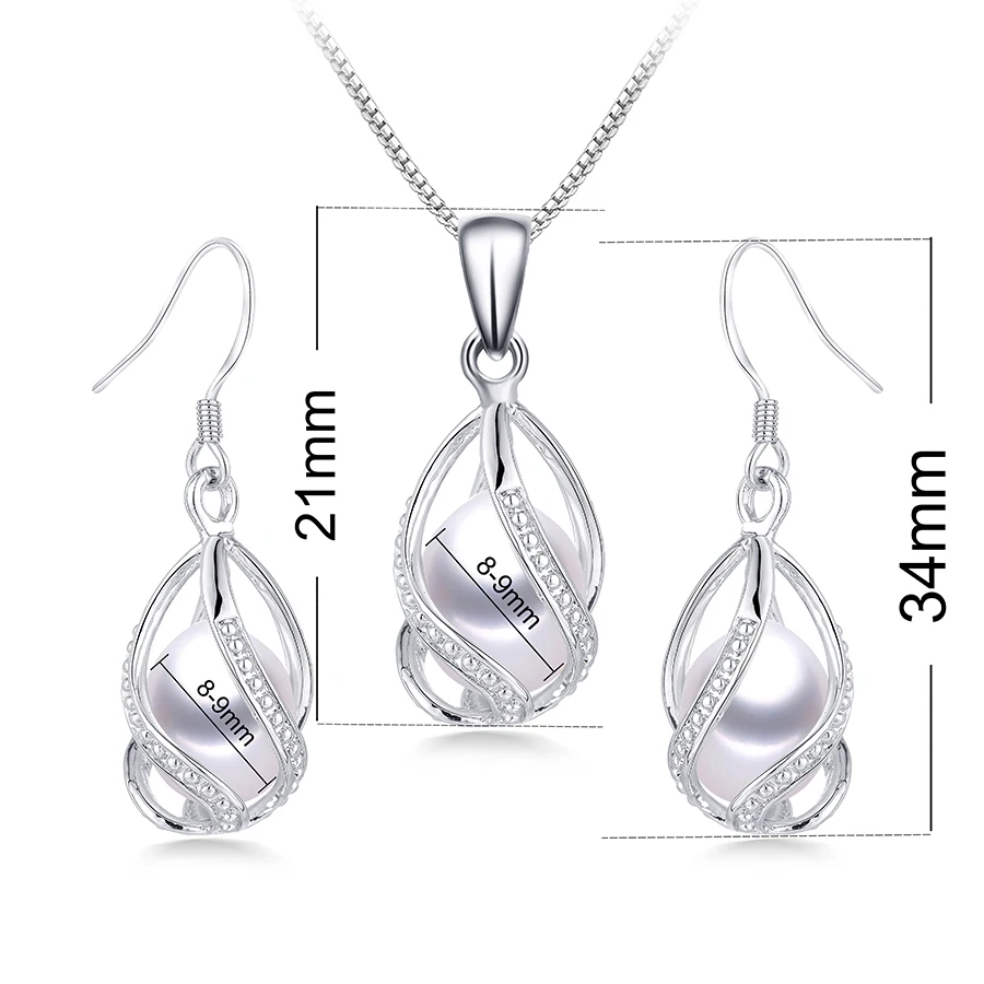 Dainashi Real Natural Freshwater Peal In Cage Jewelry Set For Women,Drop Shape, 8-9mm White/Pink/Purple/Black Earrings&Pendant