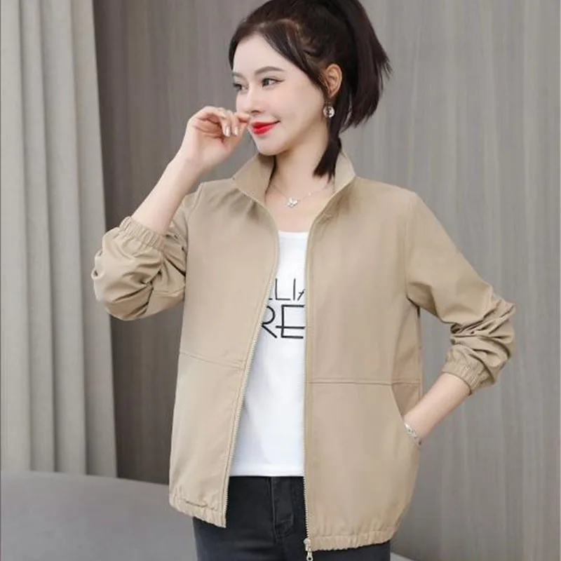 Women\'s Short Jacket 2021 Spring Autumn New Pure Color Casual  Windbreaker Stand Collar Tooling Jacket Coat Tops With Lining 15