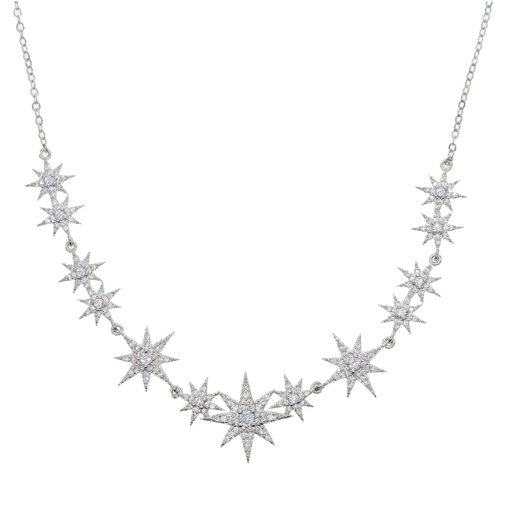 High Quality Iced Out Bling Sparking Clear Cubic Zirconia CZ Paved Star Starburst Charm Choker Necklace For Women