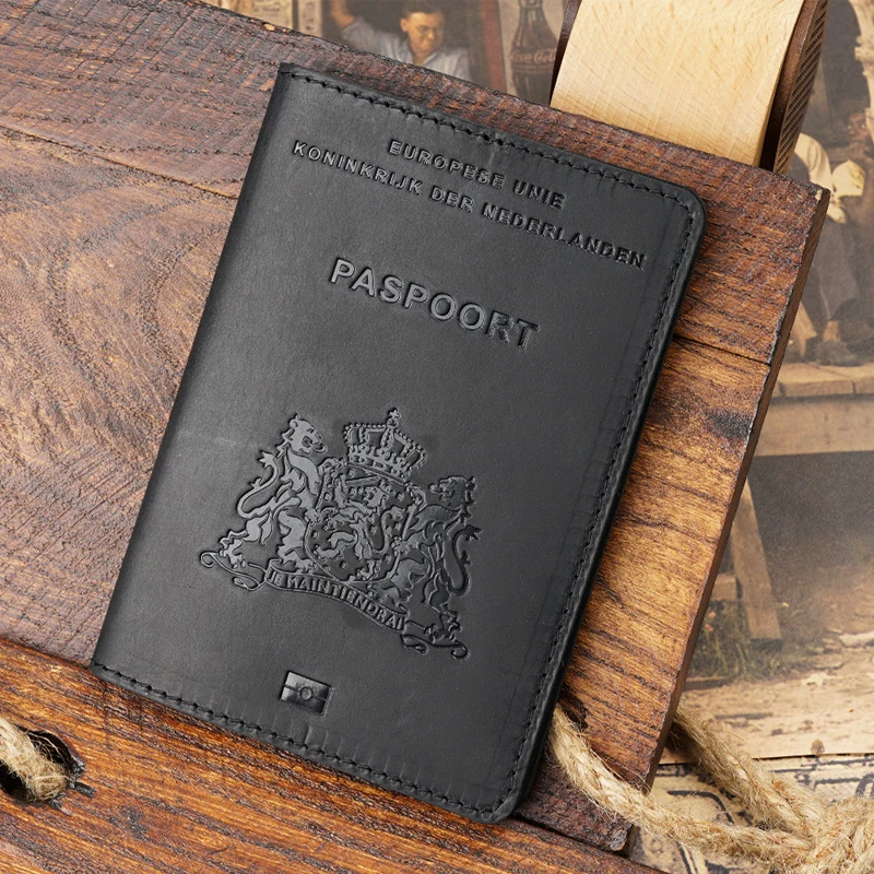 Netherlands Passport Cover Men Crazy Horse Leather Passport Case Women Genuine Leather Handmade 100% Cowhide Travel Passport Bag