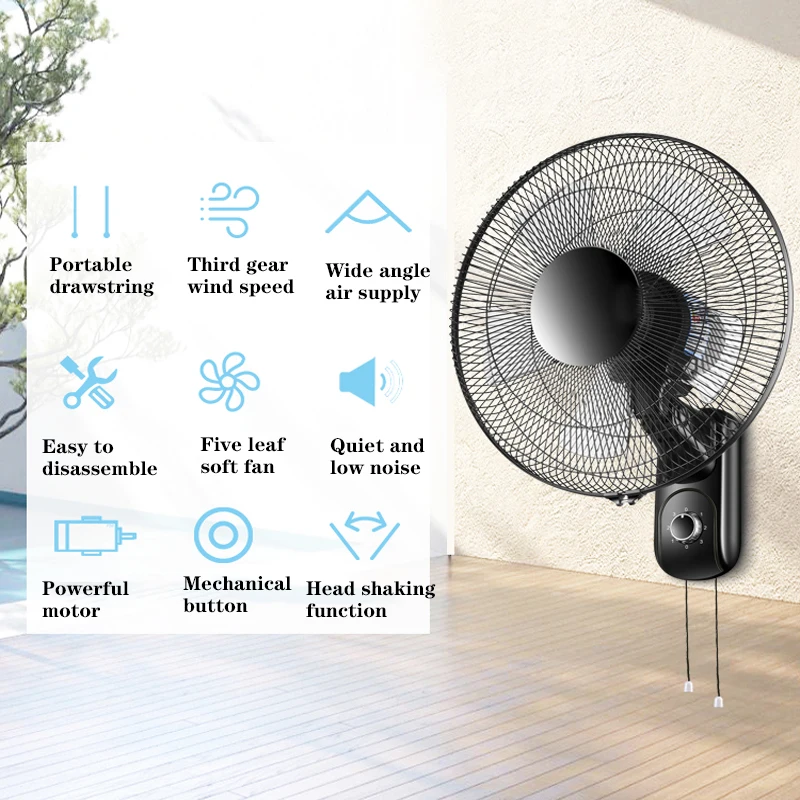 Ventilador eléctrico montado en la pared para el hogar, 220V/60W, 16 pulgadas, para sala de estar, cocina, con 3 velocidades ajustables, versión inteligente/mecánica