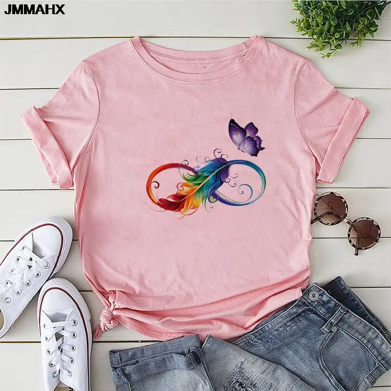 

Fashion Feather Printed Loose O-neck Short Sleeve Elastic Stretched Summer Female Clothing Tshirt Womens Casual Harajuku T-shirt