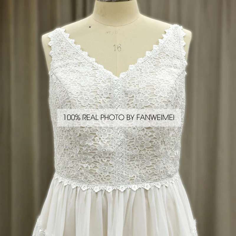 Pronto para enviar 100% fotos reais champanhe com decote em v sem mangas a linha baratos vestidos de casamento de renda francesa