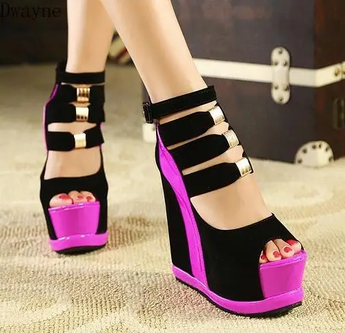 Woman Shoes Summer Genuine Women Platform Thick Soles Sandals Wedges High heel 14cm Peep Toe Mixed Colors Sexy Shoes uij89