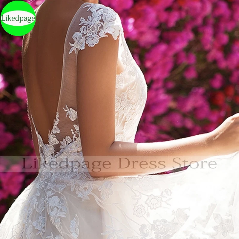 فستان زفاف 2021 Vestidos De Novia بأكمام قصيرة من الدانتيل بدون ظهر زينة رداء مارياج فام بودا العروس ثوب خط Trouwjurk مثير