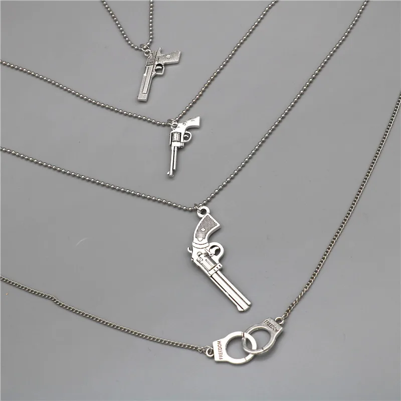 Retro Pistol Handcuffs Pendant Necklace for Women Men Punk Antique Alloy Beads Chains Cool Jewelry Birthday Gifts