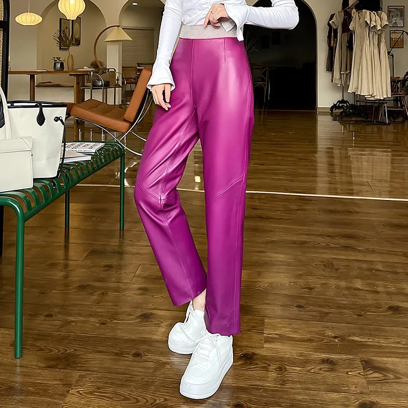 Autumn Winter Womens New Fashion Genuine Leather Pants High Waist High Quality Vintage Female Elegant Sheepskin Casual Pants