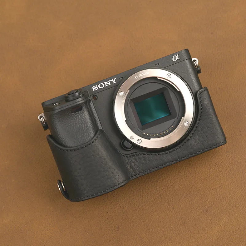 AYdgcam Handmade prawdziwy skórzany futerał do aparatu Sony A6100 A6400 A6300 A6000 torba na aparat pół pokrywy uchwyt etui vintage