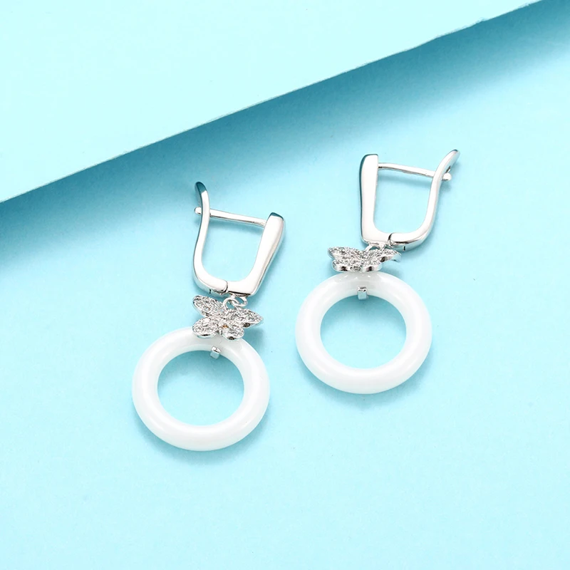 Fashion Butterfly Round Ceramic Earrings For Women Drop Earrings AAA Cubic Zirconia Real Natural Ceramic Wedding Jewlery Gifts