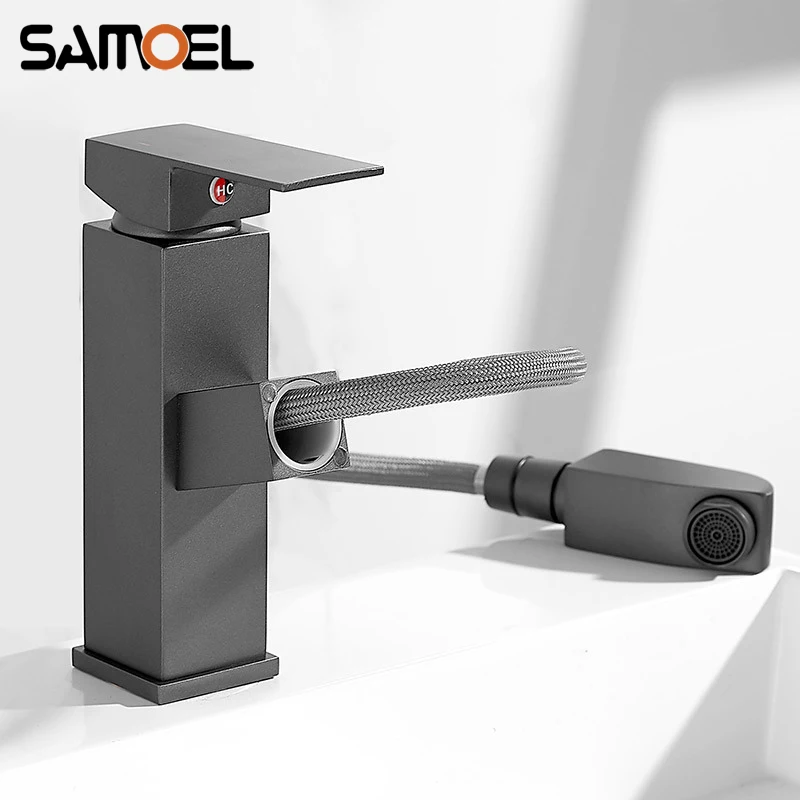 Nordic Style Deep-space Gray Brass Pull out Bathroom Sink Faucet Deck-Mounted Square Grey Basin Cold Hot Water Mixer Tap B3407