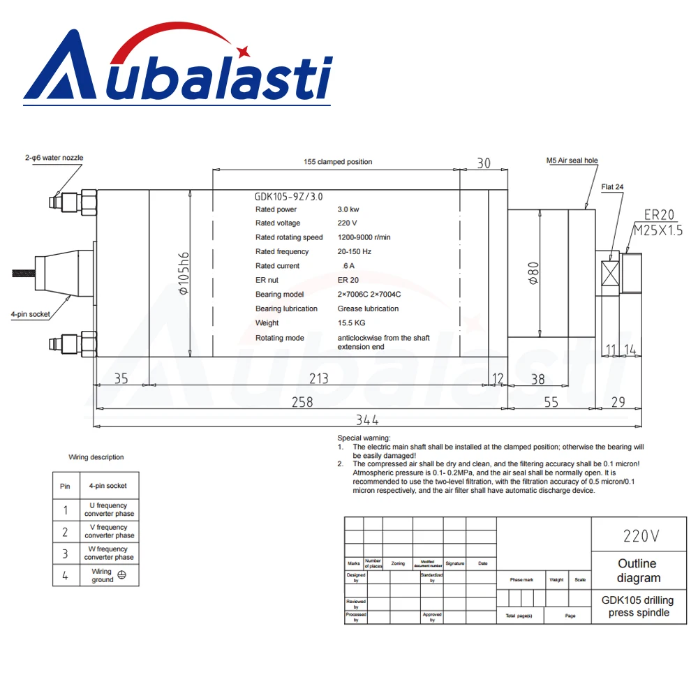 Aubalasti Drilling Spindle Motor Constant Torque 3KW 220V 9.6A Chuck ER20 1200-9000rpm 20-150Hz for Metal Cutter Machine