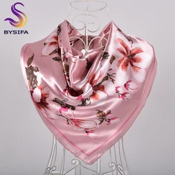 Bysifa 2020 rosa senhoras quadrados lenços hijabs impresso moda elegante feminino cetim lenço de seda lenço de luxo doce pescoço cachecol