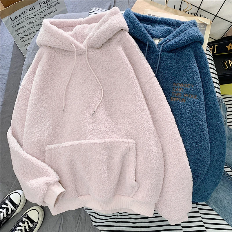 Autumn And Winter Fashion Warm Hooded Embroidery Letters Harajuku Print Loose Pocket Hoodies Women\'s Flannel Pullover Sweatshirt