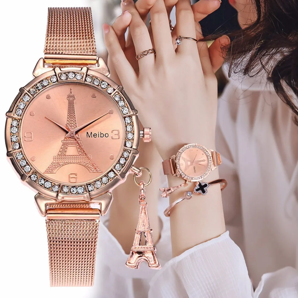 Vogue Women Rose Gold Eiffel Tower Pattern Watch Pretty Ladies Stainless Steel Tower Pendant Quartz Watch Relogio Feminino