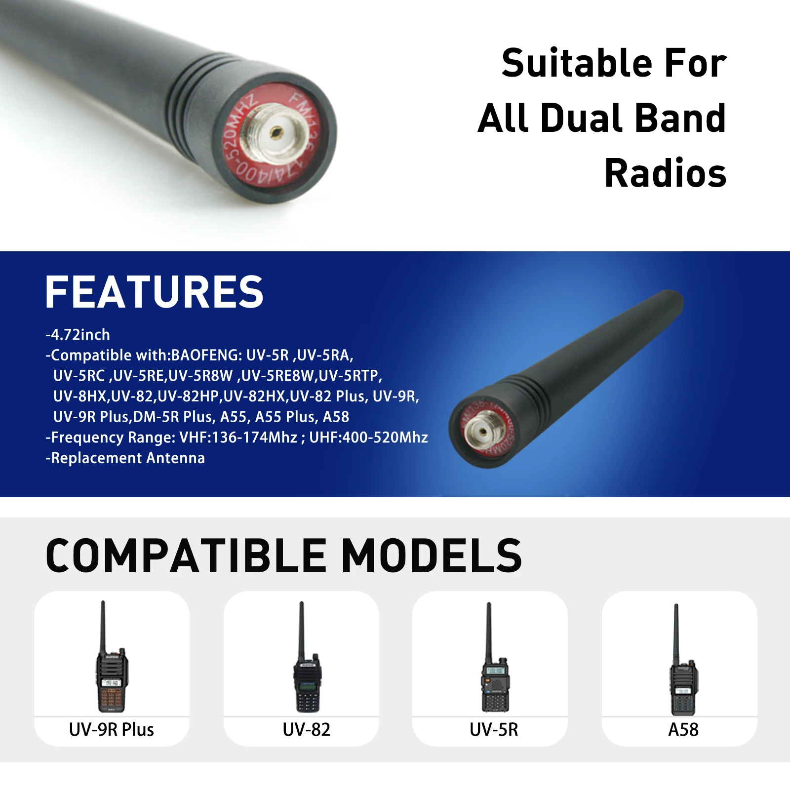 

Dual Band VHF UHF 136-174/400-520Mhz Antenna for BaoFeng UV-5R UV-82 UV-9R Plus F8HP Handheld Walkie Talkies