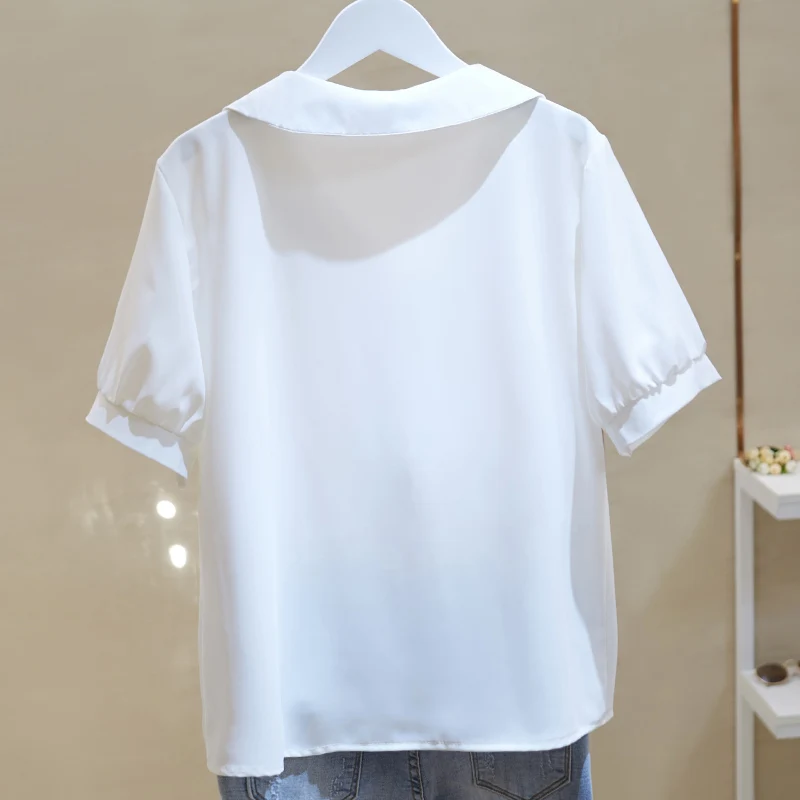 Blusas Mujer De Moda Elegant Solid V-neck Chiffon Shirt Women\'s Short Sleeve Loose Clothing Tops Female White Blue Blouse 2354