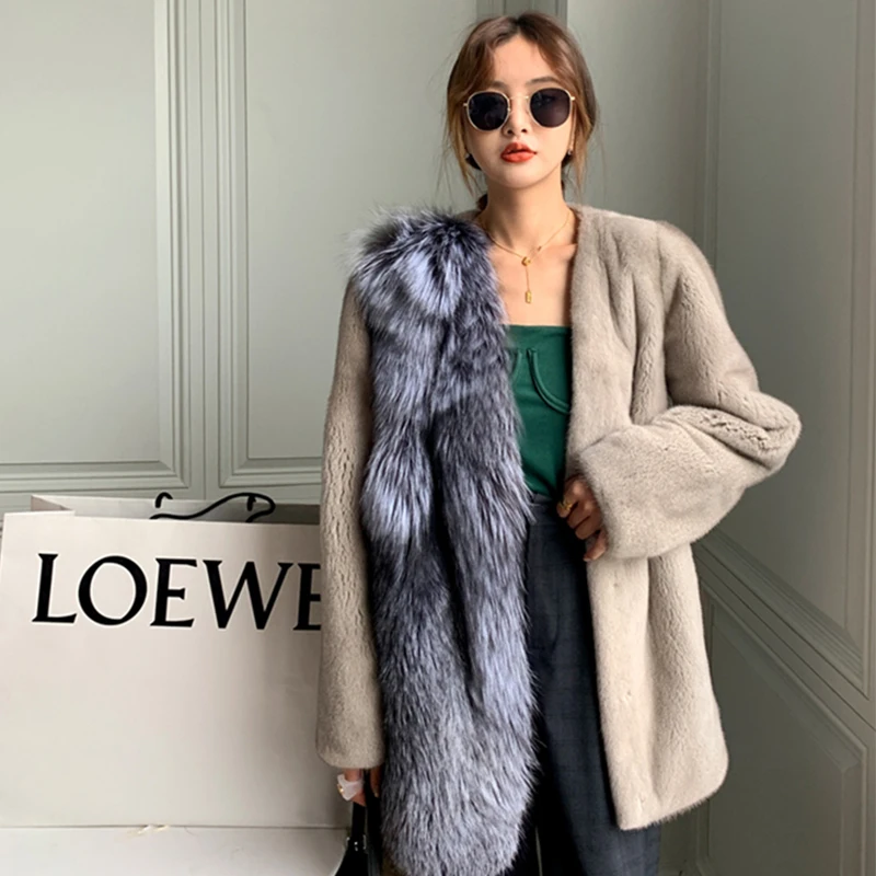 Ftangaiur Winter Imported Velvet Mink Fur Coat V-Neck Patchwork Fox Fur Coat Women Medium Natural Real Mink Fur Coats