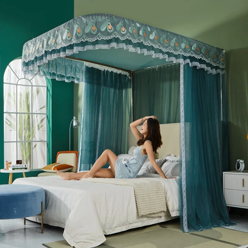 Household U-shaped Guide Rail Mosquito Net Embroidery Lace Bedroom Three-door Can Be Raised and Lowered Encrypted Thick Double