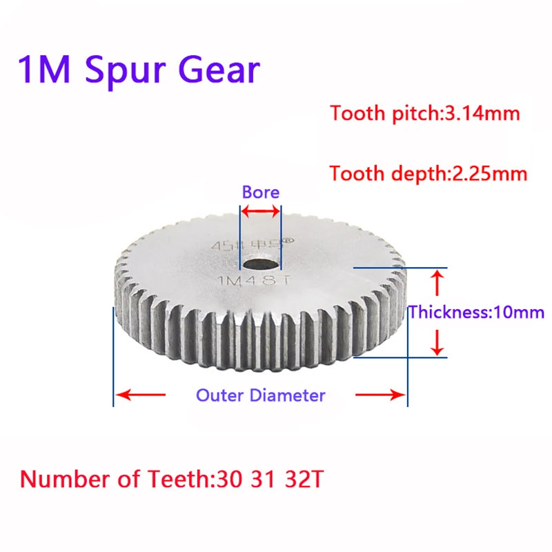 1M Spur Gear 21 22 23 24 25 26 27 28 29 30 31 32Teeth Thickness Of 10mm 45#Steel No Steps On Two Planes Unhardened Tooth Surface