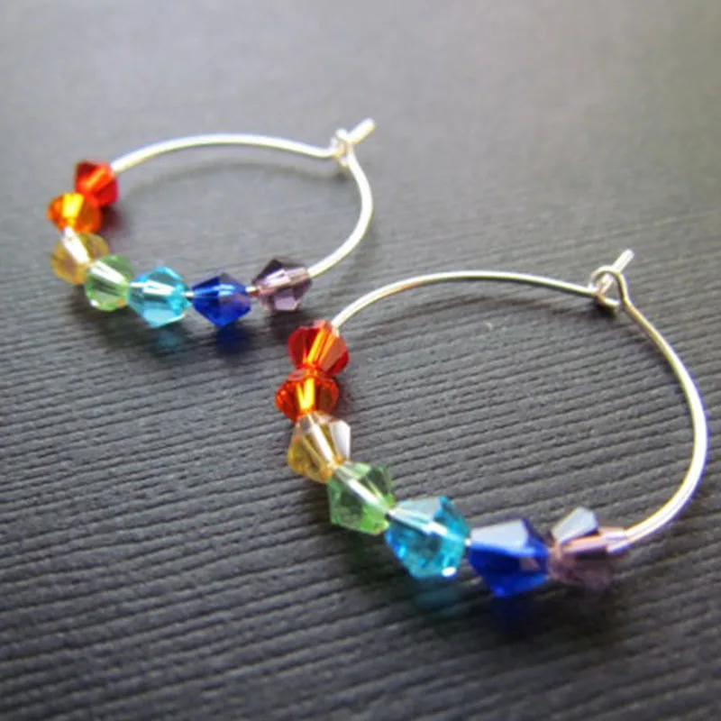 Rainbow Hoop Earrings, Silver, Czech Glass Beads, Beaded Cluster, Small Silver Plated Hoops, Bright and Fun, Colorful Jewelry