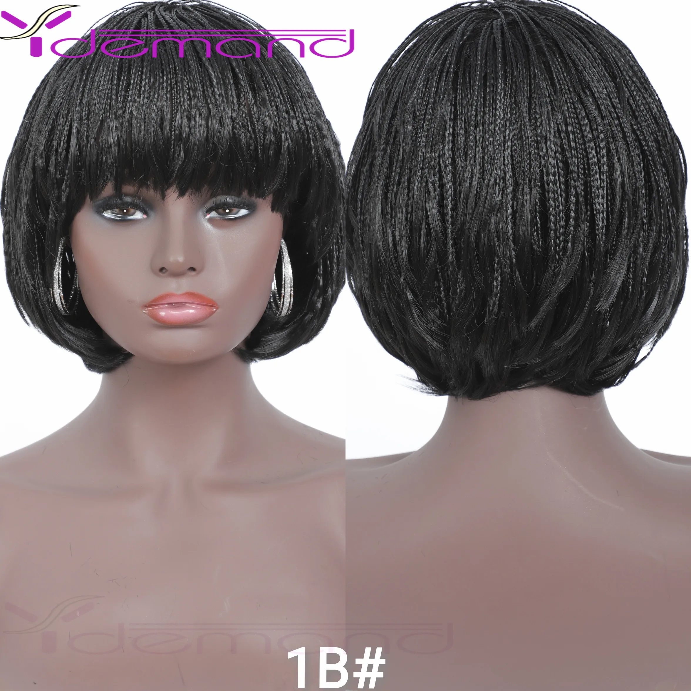 Y Demand Parrucche corte intrecciate con frangia per le donne Treccia Parrucca africana Naturale Nero Cool Girl Fibra sintetica per capelli naturali