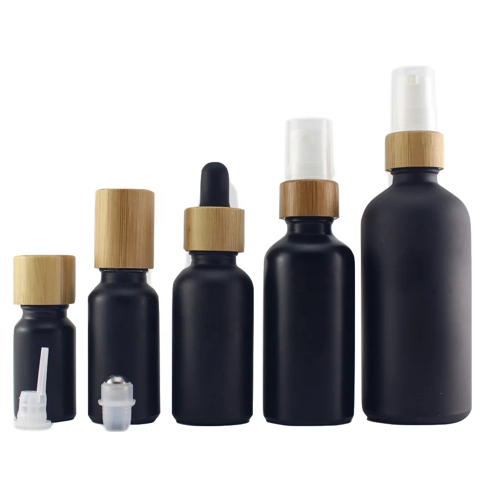 

Bamboo wood Cover Spray Dropper Pump Cap Lid 30ml 15ml 1oz 100ml Frosted black Glass Lotion Bottle 50ml essential oil bottle