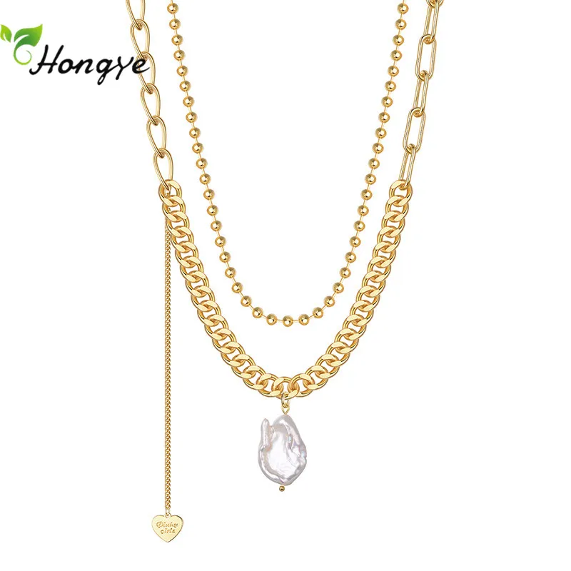 

Hongye Irregular Natural Pearls Necklace Cute Double Layer for Lady Gold Color Jewelry Trendy Pendant New Arrivals Fashion