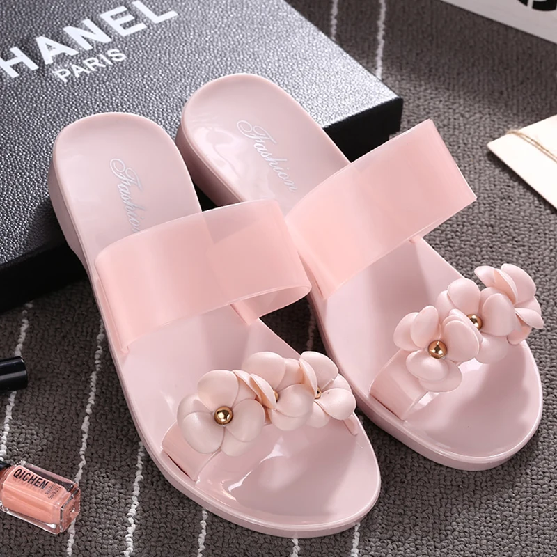 Summer Slippers Women Sweet Flowers Flat with Jelly Shoes Beach Kawaii Womens Waterproof Female Leisure Trendy Outdoor Slides