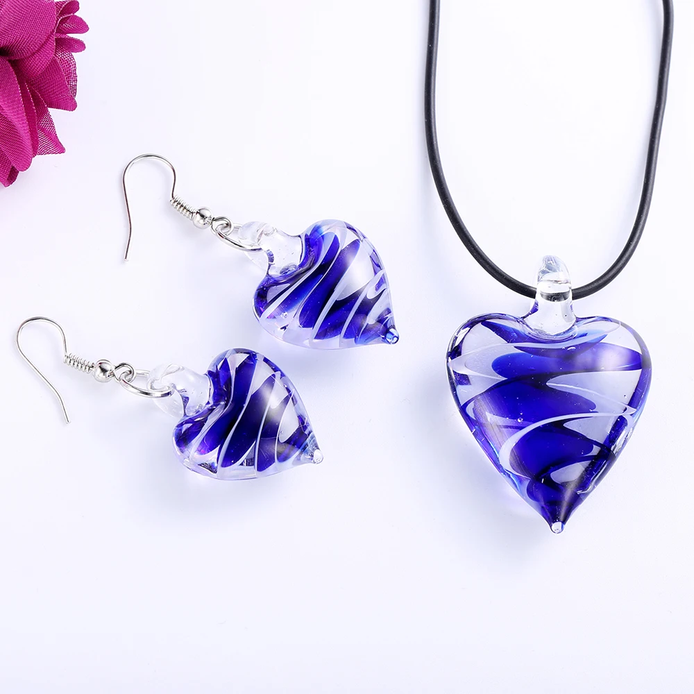 2019 HF JEL Murano Glass Blue Heart Pendant Necklace Earring Jewelry Sets for Women Girl Lampwork Fashion Jewelry Party Gift