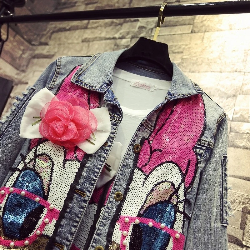 Beading Sequins Fashion Long Sleeve Denim Coat Women High Street Animal Pattern Pink Short Jacket Spring New Jaqueta Feminina