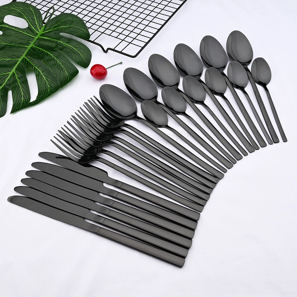 24Pcs Mirror Black Cutlery Set Home Knife Fork Spoon Dinner Tableware Stainless Steel Dinnerware Kitchen Flatware Silverware Set