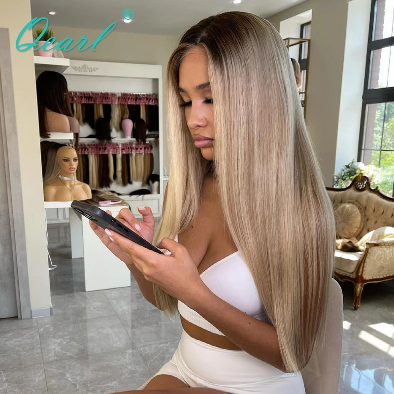 Full Lace Wig Human Hair Lace Frontal Wig for Women Ashy Blonde Highlights 13x6 Straight HD Lace Front Wigs Bleached Knot Qearl