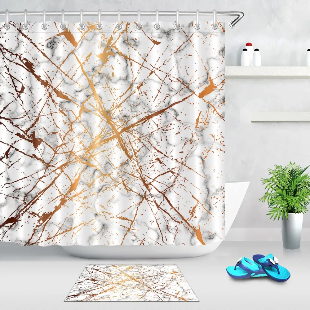 Gold Splatter Lines Black and White Marble Shower Curtains Bathroom Curtain Waterproof Polyester Fabric for Bathtub Art Decor