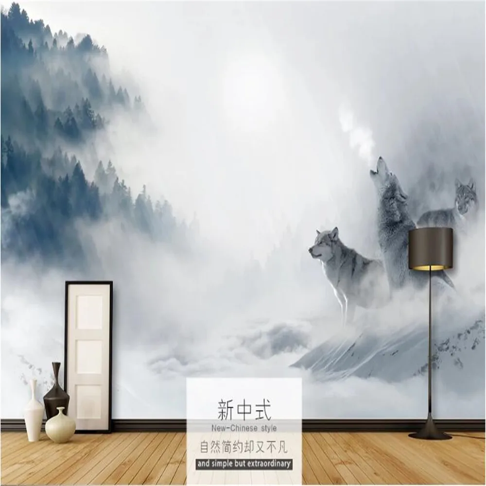 

Milofi customized 3D printing wallpaper mural new Chinese artistic conception forest fog wolves TV sofa background wall