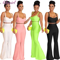 Summer Two Piece Set Casual Neon Spaghetti Strapless Sleeveless Corp Tops Long Flare Pants Suit Night Party Set Outfit Tracksuit