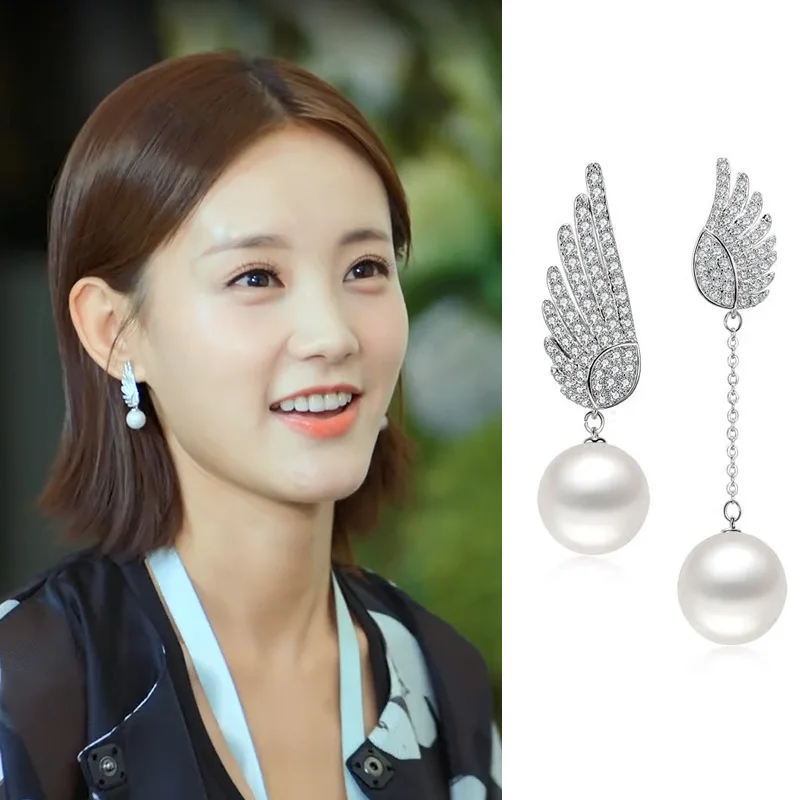 925 Sterling Silver  Wings Pearl Earrings For Women Crystal Process Elegant Lady Sterling silver jewelry