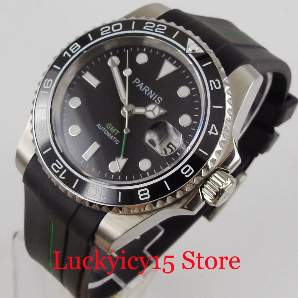 PARNIS Luxury GMT 40mm Self Winding Men Watch Sapphire Glass Rubber Band Rotating Bezel