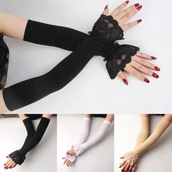 1 Pair Ice Silk Lace Arm Sleeve Elastic Sleeve Driving Gloves Black White Long Fingerless Mittens Summer Sunscreen Gloves Women