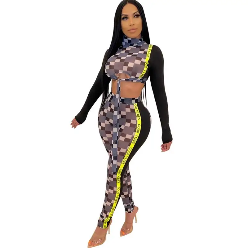 2020 New Plaid print long sleeve autumn women black jumpsuit women\'s Pants Fashion Slim Ladies Sexy sporswear Bodycon Yoga suits