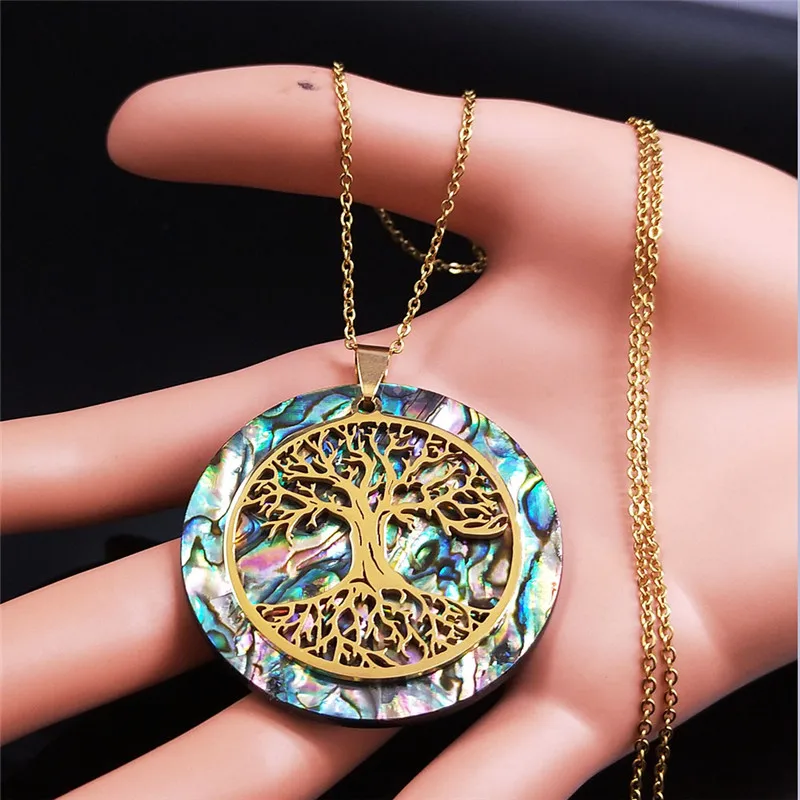 Abalone Stainless Steel Chain Necklace Gold Color Big Round Tree of Life Chokers Necklaces Jewelry collier chaine N83304