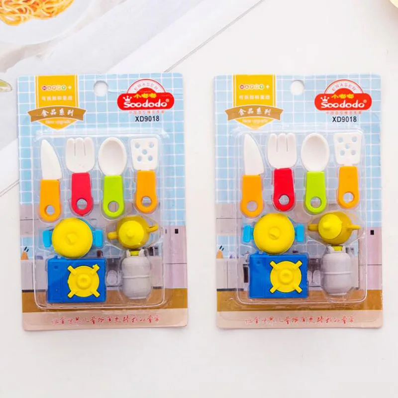 8pcs Cartoon Eraser Kitchen Stove Kitchenware Pencil Eraser Creative For Kindergarten Toy Kids Funny Erasers School Supplies