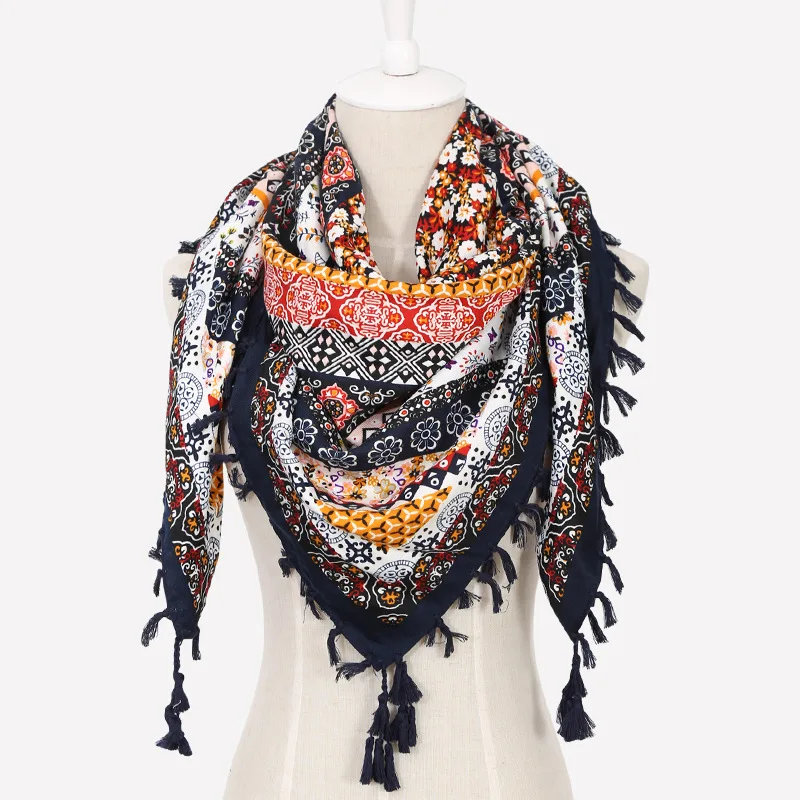 110*110cm Bohe Style Cotton Printed Square Scarf for Women Russian National Scarves Ethnic Fringed Shawl Lady Winter Blanket