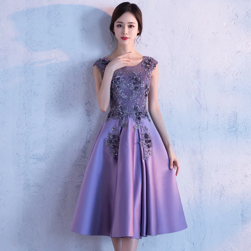 

2021 New Fashion Purple Evening Dress Appliques Flower Sleeveless O-neck Banquet Party Dress Robe De Soiree Haute Couture