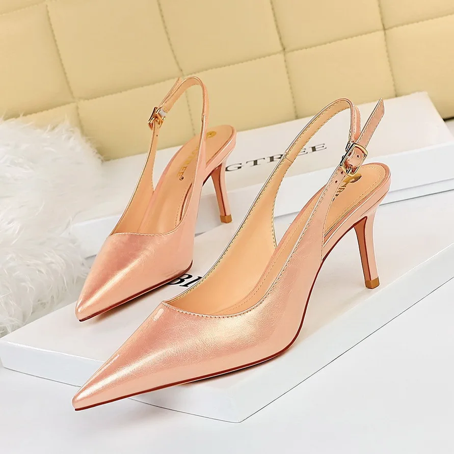 

BIGTREE Shoes Hollow Hasp Kitten Heels 7 Cm Patent Leather Woman Pumps Sexy Office Shoes Fashion Heeled Shoes Women Sandals 2021