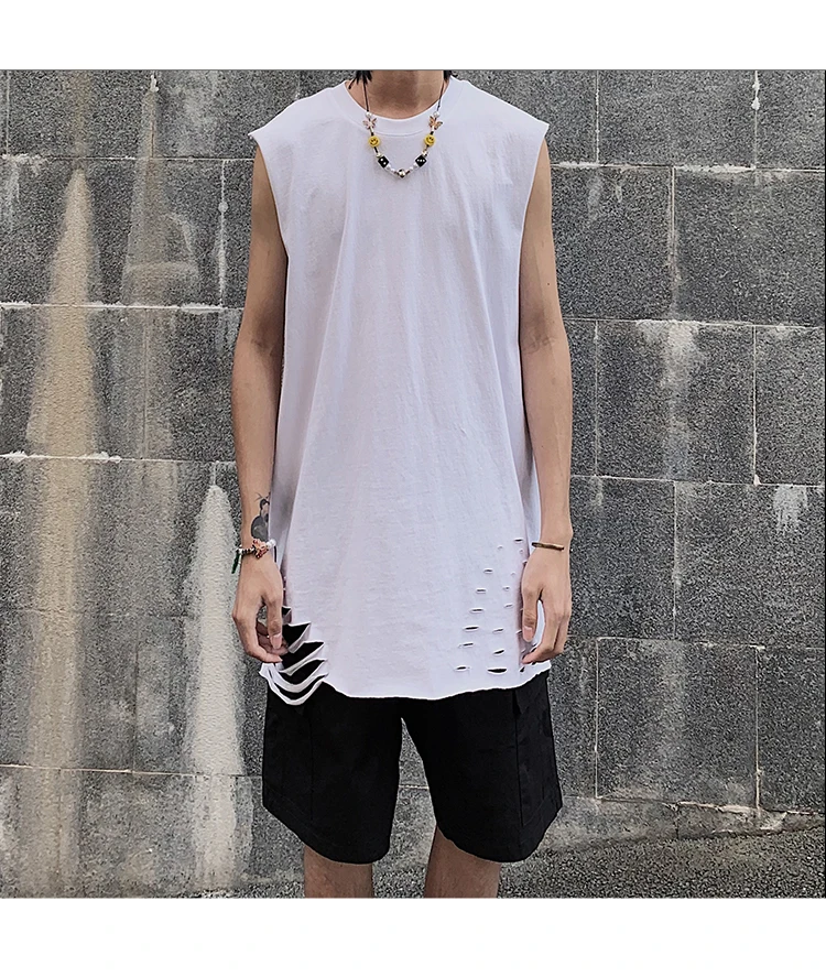 European and American high street fashion brand holed waistcoat pure color inner stacking bottoming shirt loose casual sleev